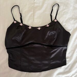 Wild fable black satin and velvet crop tank top with pink flowers